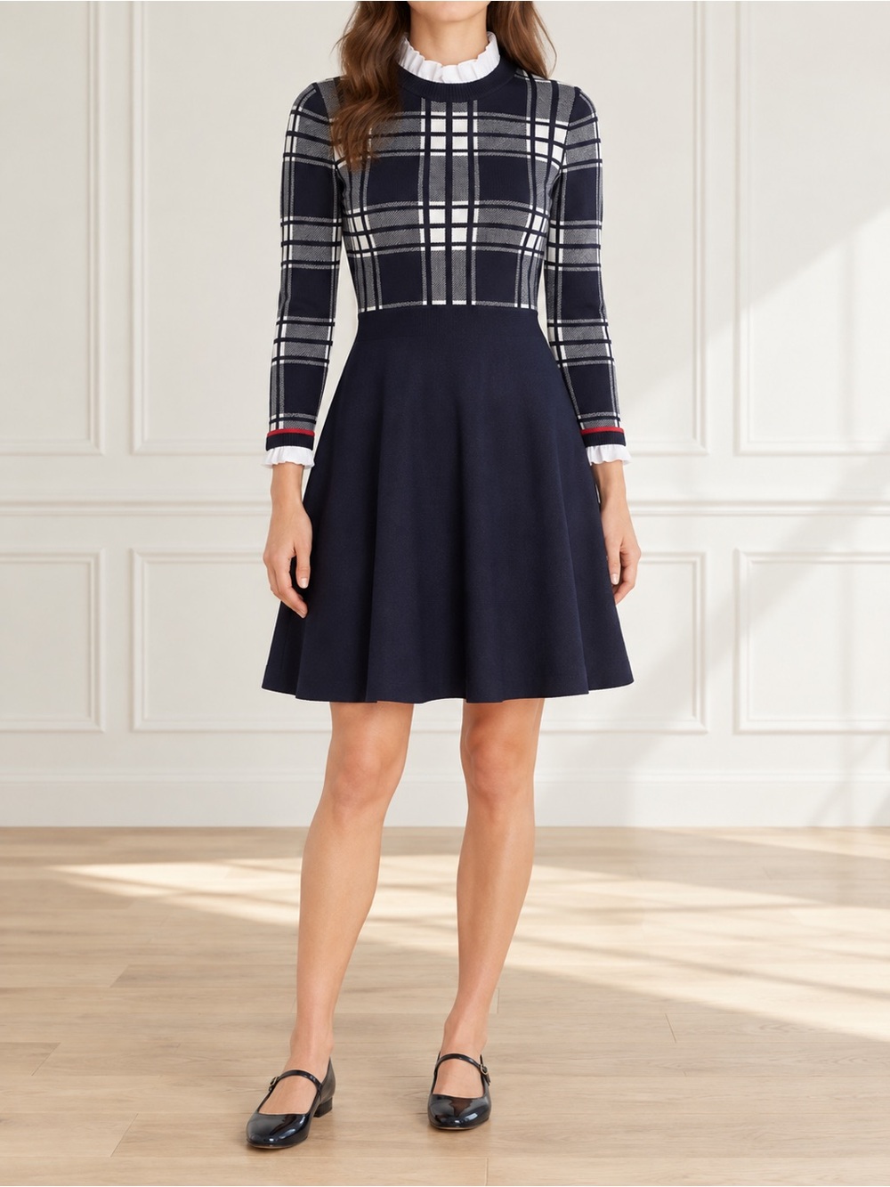 NWT 1901 Sweater Dress Large Navy Plaid Ruffle Neck Long Sleeve Fit & Flare